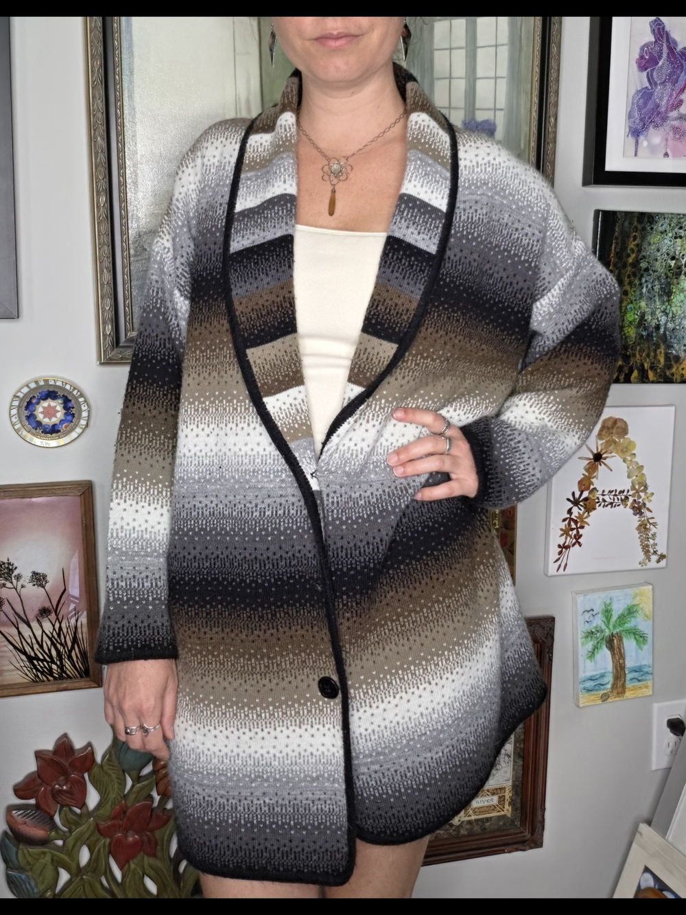 Vintage Gray Brown Black Ombre Gradient Striped Duster Long Cardigan Medium